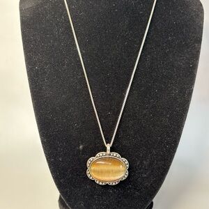 Sterling Silver Cat Eye Glass Pendant Necklace 18” 925 Oval Bezel Set